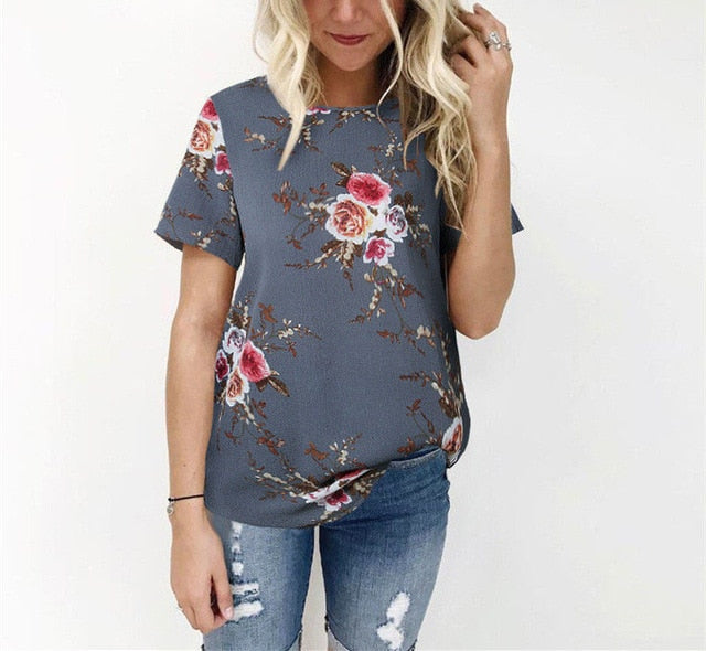 Summer Women Blouses Chiffon Print Blouse Short Sleeve Shirts Casual Ladies Clothing-0