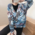 Women Oversized Clothing Wool Blend Long Cardigans Sweater Spring Autumn Print Pattern Knitted Coat Knitwear C-263-5
