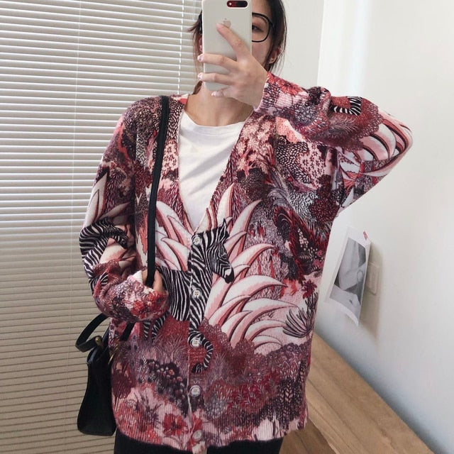 Women Oversized Clothing Wool Blend Long Cardigans Sweater Spring Autumn Print Pattern Knitted Coat Knitwear C-263-7