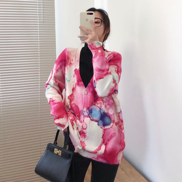 Women Oversized Clothing Wool Blend Long Cardigans Sweater Spring Autumn Print Pattern Knitted Coat Knitwear C-263-6