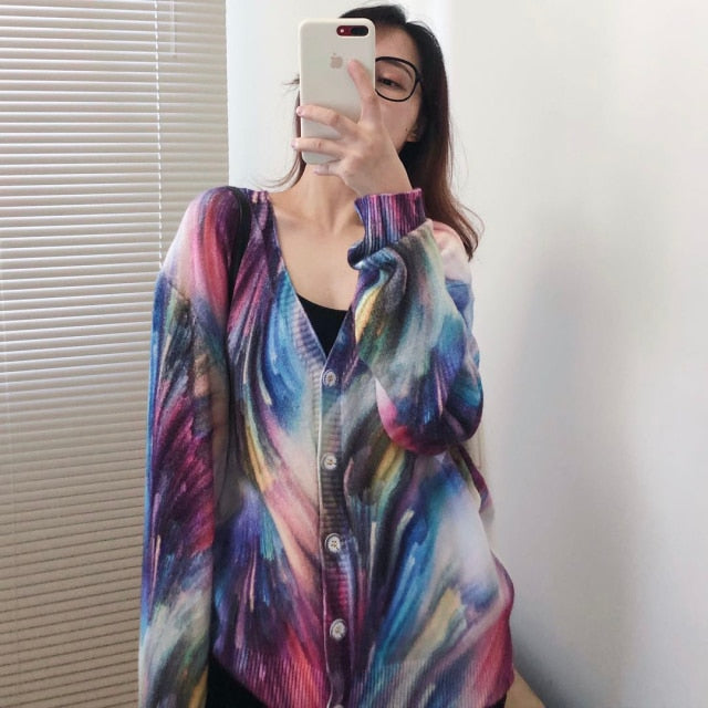 Women Oversized Clothing Wool Blend Long Cardigans Sweater Spring Autumn Print Pattern Knitted Coat Knitwear C-263-8