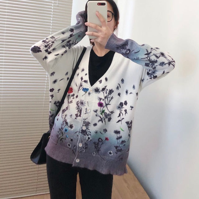 Women Oversized Clothing Wool Blend Long Cardigans Sweater Spring Autumn Print Pattern Knitted Coat Knitwear C-263-4